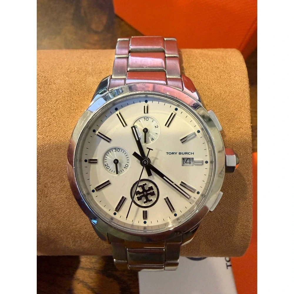 Tory‎ Burch TBW1252 Chronograph Silver Tone Stainless Steel Watch Ivory Dial